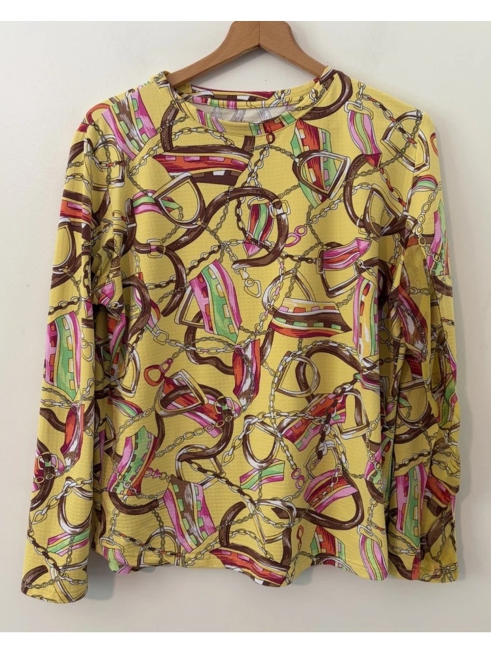Icikuls Long Sleeve Top Yellow Horse Bit Equestrian Print Mesh Underarms Sz XXL